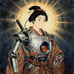 Kuniyoshi portrait of a robot saint made of cables and robotic pod by james gilleard