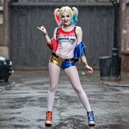 fully body pose, photo of a very beautiful!! victoria secret model harley quinn, raining, 8 k, hdr, smooth, sharp focus, high resolution, award - winning photo, trending on artstation, dslr, 5 0 mm