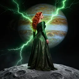 a highly detailed matte portrait of scarlett johansson as a red haired wizard, standing on the moon titan and looking at jupiter, viewed in profile, crackling green lightning, ultrawide lens, art by artgerm and greg rutkowski and alphonse mucha, volumetric lighting, octane render, 4 k resolution, trending on artstation, masterpiece