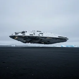 cinematic shot of giant futuristic military spacecraft in the middle of an endless black sand beach in iceland with icebergs in the distance,, 2 8 mm
