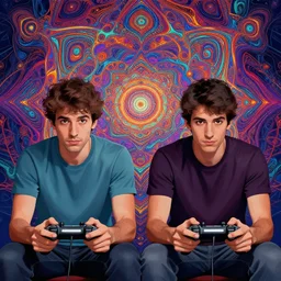 portrait, twins playing video games, background in the fourth dimension, psychedellic fractals, ayahausca, tryptamine, hyperdetailed illustration by irakli nadar and alexandre ferra, intricate linework, unreal engine 5 highly rendered, global illumination, radiant light, detailed and intricate environment