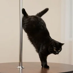fat black cat doing pole dance