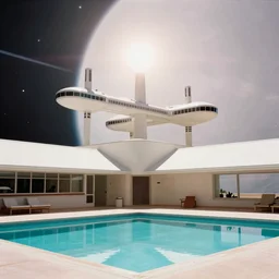 Cinestill 800t, 8K, 35mm; beautiful ultra realistic minimalistic lloyd wright in space(1950) film still, pool scene, 2000s frontiers in retrofuturism architecture magazine September wes anderson edition, highly detailed, extreme closeup three-quarter scene, tilt shift LaGrange point background, three point perspective, focus on space station hotel;sunflare;wide;DOF, soft lighting