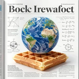 the image of earth projected onto a flat breakfast waffle with scientific diagrams and math equations and infographics in a magazine article with text