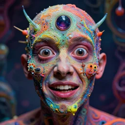 a very funny dmt entity, close up shot, hallucinations, colors, by greg rutkowski, trending on artstation