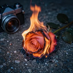 burning rose, fire and smoke, at night, on gravel, closeup, vintage camera