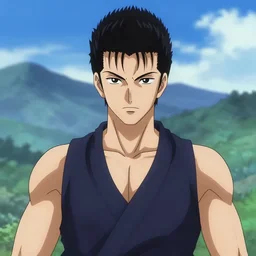 demon samurai warrior , short hair, made by Yusuke Murata, Tomohiro Shimoguchi, Takeshi Obata, Tite Kubo, ArtStation, CGSociety, direct gaze, beautiful face, mountains in the background, perfect composition, symmetrical face,symmetrical eyes, detailed mouth, detailed arms, symmetrical arms