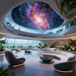 ultra modern concept design of a vast spaceship interior, futuristic chairs and sofas can be seen in the foreground, a large colorful nebula can be seen from a window, large plants in the background, architectural concept, wide angle shot