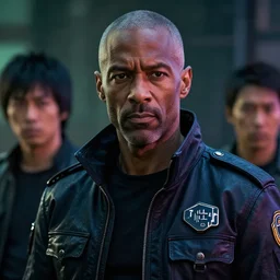 ultra realistic, cinematic, james woods as cyberpunk junk cop, detailed, deep focus, movie still, dramatic lighting, ray tracing, by michal karcz and yoshitaka amano