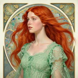 intricate art nouveau portrait oil painting of redheaded young millie bobby brown with long hair blowing in the wind, wearing an intricate green lace dress, highly detailed, intricate golden symmetric pattern background, elegant, digital painting, smooth, sharp focus, illustration, ultra realistic, 8 k, by bouguereau, alphonse mucha, artgerm, and donato giancola