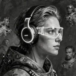 future coder, graying hair, glowing visor over eyes and sleek neon headphones headshot desaturated profile painting by donato giancola, dean cornwall, rhads, tom whalen, alex grey, alphonse mucha, astronaut cyberpunk electric fashion photography