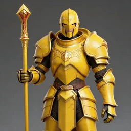 portrait of a warforged character in yellow armor holding a paladin engraved longsword and carrying a big shield, epic rough concept art, by Greg Rutkowski