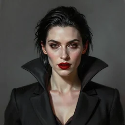 a photo-realistically painted portrait of a singular lady vampire!!!!, dressed in a suit, perfect face!!!, beautiful eyes!!, digital painting, concept art, minimal artifacts, volumetric lighting, Artgerm, and William-Adolphe Bouguerea, in the style of Tom Bagshaw, cinematic!!, stunning!, trending on Artstation!, award-winning art!!!