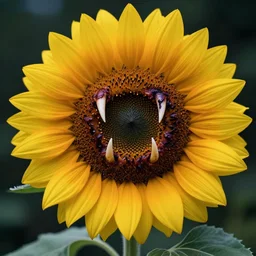 a photo of evil sunflower, human mouth, teeth, fangs, carnivorous, monster, scary