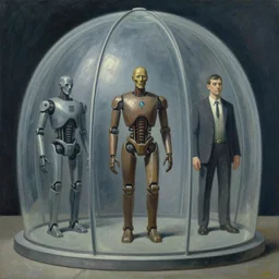 three brutalist robotic seers watchers oracles soothsayers inside a retractable dome, pj crook, grant wood, edward hopper, syd mead, oil on canvas