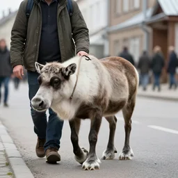 Man walking his pet walrus with a leash down the street, realistic, detailed, 8k, hd