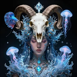 goddess macro shouler portrait from bottom to top in crown made of ram skull. betta fish, jellyfish phoenix, bioluminiscent, plasma, ice, water, wind, creature, super intricate ornaments artwork by tooth wu and wlop and beeple and greg rutkowski and alexander fedosav