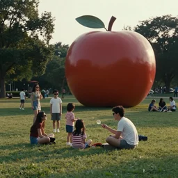 1990s candid photo of a beautiful day at the park, families playing, cinematic lighting, cinematic look, golden hour, large crows wearing sunglasses, Enormous fruit, UHD