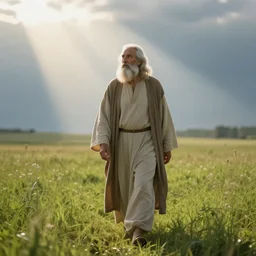 old prophet wandering about a meadow. god rays. crepuscular rays. light scattering.