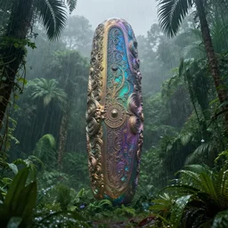giant iridescent monolith in lush jungle, raining, foggy, moody, : : by jeff koons, dan mcpharlin daniel merrian : : ornate, dynamic, particulate, rich colors, intricate, elegant, highly detailed, centered, artstation, smooth, sharp focus, octane render, 3 d
