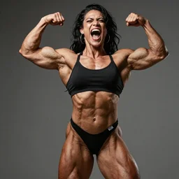 woman bodybuilder on steroids, huge muscles, very tan, screaming and flexing