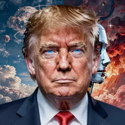 portrait mosaic of trump with robot eyes, 4k, intricate details, digital, heaven and hell