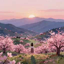 highly detailed landscape, scene of natural innate artstation style, artstation form,  a girl stood in the blossoming sunset valley, pondering the mountains in the distance. peaceful pastel palette, matte painting