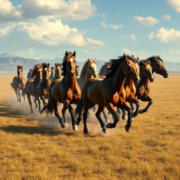 a herd of wild horses galloping across a large open plain, greg rutkowski, artstation, illustration, wildlife, fantasy, horse, western, realistic, art by larry lin, hyper realism, cinema grade, 8 k, by jason felix