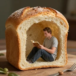 man living inside a bread seen from outside, hyper detailed,