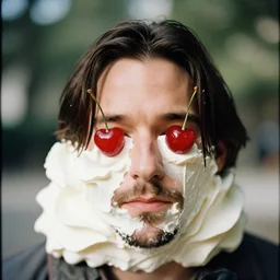 a photo of keanu reeves sculpted out of whipped cream and cherries as eyes, 2 0 0 mm lens, shot on film, hyperrealism, bokeh