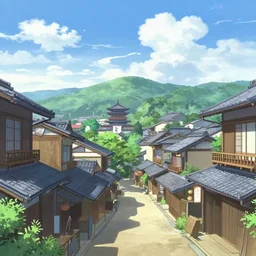 beautiful anime background of japanese traditional town at day, aesthetic, beautiful, drawing, anime color palette, sky view