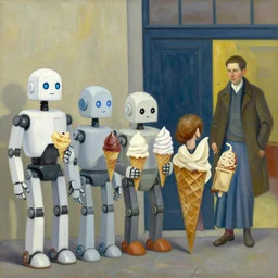 robots queue up for ice cream, grant wood!, pj crook!!!, edward hopper, oil on canvas