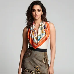 Beautiful Portrait of Deepika Padukone wearing a scarf top by Hermes and a Versace skirt, Vogue Korea editorial shot by Mert and Marcus, detailed face 8k UHD XL resolution, vibrant color scheme, highly detailed, in the style of romanticism, cinematic, artstation, Greg rutkowski