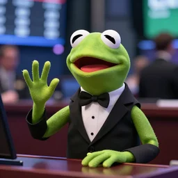 photo of Kermit the frog in a tuxedo, playing at the stock market, 8k