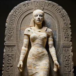 mummy woman atop intricate ceremonial stone, realistic, photorealistic, 4k