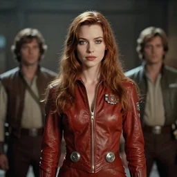 a portrait of milla jovovich as barbarella wearing a leather spacesuit, beautiful, soft focus, depth of field, cinematic, film grain, wide shot, in the style of kubrick, ridley scott, star wars