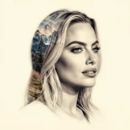 double exposure tattoo design sketch of beautiful mountain scenery in the shape of margot robbie face, in the style of matteo pasqualin, amazing detail
