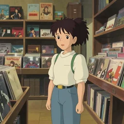 a young girl inside a record store, studio ghibli film