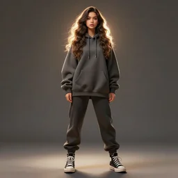 beautiful brunette girl in oversized hoodie, pants and high top sneakers, wavy long hair, full body artstation concept painting character design, backlit dramatic lighting detailed realism