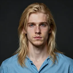 digital oil portrait of a skinny european male, longer blond hair, light stubble beard, wearing a light blue shirt, blue eyes, rugged, teenage, fantasy, wizard, trending artstation, dungeons & dragons, neutral expression, dark lighting, high detail