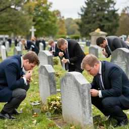 national geographic photo : men in suits eating gravestones at a cemetery, ultrarealistic, photorealistic, intricate detail, photograph by anne leibovitz