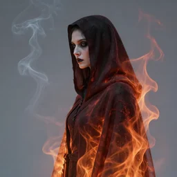 old shadow hag cloaked in ethereal fire and smoke looking away from camera, profile shot, hyperrealistic, subject in center of frame, neonpunk, watercolor portrait by rembrandt and kim jung gi, jan van eyck, artstation, deviantart