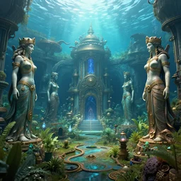 wide angle view, large statues of Gaia and Oranos inside the underwater steampunk temples in the lush garden of eden located under active Toba supervolcano caldera, ultra detailed, photo realistic, digital art, octane render, 8k resolution