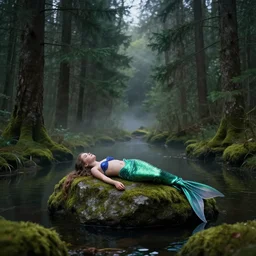 little mermaid lying on a rock in a pond in the middle of the forest, fir trees, moss, fog, dramatic atmosphere, highly detailed, cinematic lighting, perfect composition artem demura