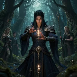 a fancy illustrated portrait of a beautiful dark mage performing a ritual deep in the forbidden forest by Greg Rutkowski, Sung Choi, Mitchell Mohrhauser, Maciej Kuciara, Johnson Ting, Maxim Verehin, Peter Konig, final fantasy , mythical, 8k photorealistic, cinematic lighting, HD, high details, atmospheric,