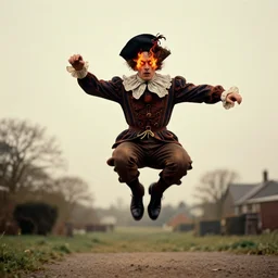 vintage photo of spring heeled jack, jumping through the air with fiery eyes, photo journalism, photography, cinematic, national geographic photoshoot