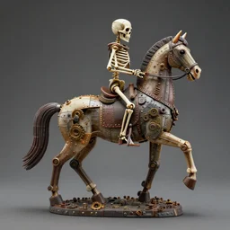 a scuplture of a horse ridden by a skeleton in a steampunk style made from parts of plastic toys and riveted together