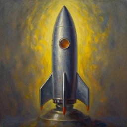 Shiva emerging from a lingam shaped rocket ship, oil painting