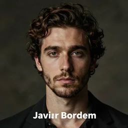front view photographic portrait of javier bordem, merging the face of photograph of picasso