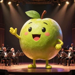 anthropomorphic fruit quince on stage happily directing his band as quincy jones,